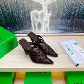 ALFIE LEATHER HIGH MULES IN CHOCOLATE BROWN CALFSKIN WITH WOVEN DESIGN